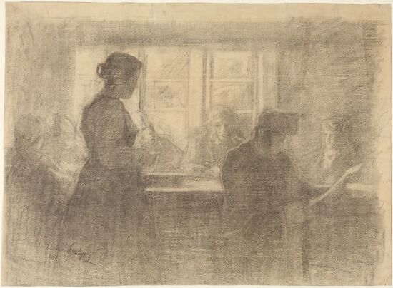 Interiør med figurer rundt et bord