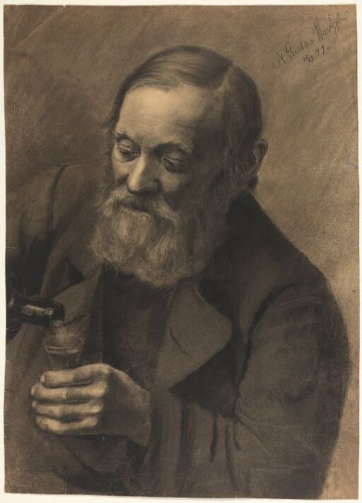 An old man with bottle and glass