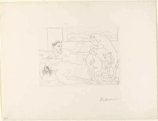 Vieux sculpteur et modèle assoupi avec un groupe sculpté représentant des chevaux luttant