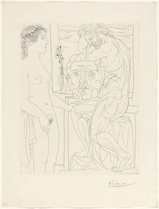 Femme laide devant la sculpture d'une Marie-Thérèse athlétique appuyée sur un autoportrait du sculpteur