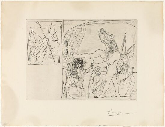 Minotaure aveugle guidé par une petite fille aux fleurs