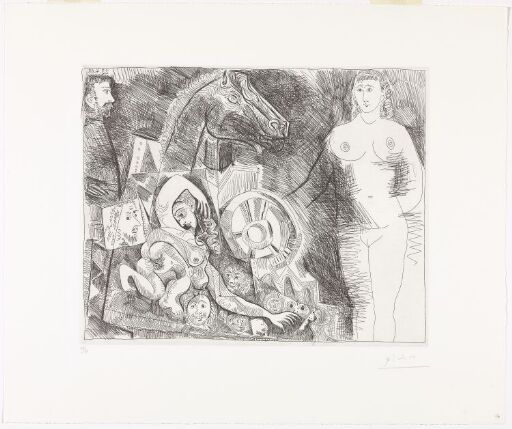 Char romain, avec écuyière tombant, femme nue et spectateurs