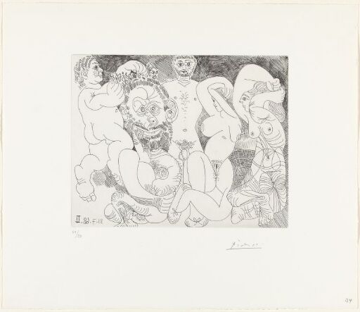 Landlig scene, med putto som gir skjegget mann en blomsterkrans, og kvinner