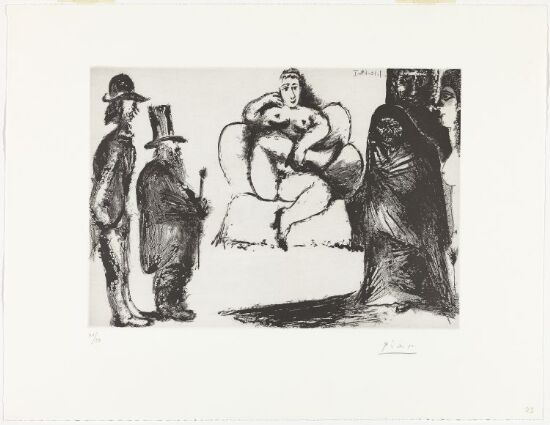 Celestina, maja eller den nakne Olympia, med Manet og Marcellin Desboutin; et par tilskuere i bakgrunnen