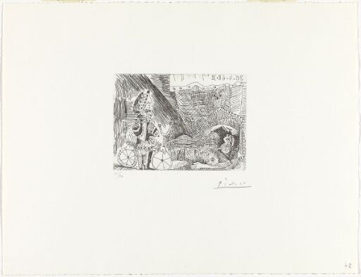Polichinelle avec une bicyclette d'acrobate, et odalisque au hibou