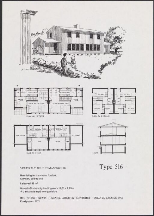 Vertikalt delt tomannsbolig, typetegning nr. 516