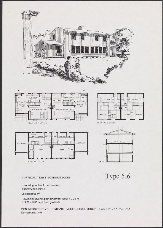 Vertikalt delt tomannsbolig, typetegning nr. 516