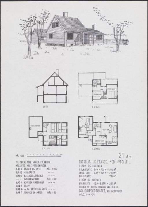 Enebolig i halvannen etasje med hybel, typetegning nr. 211