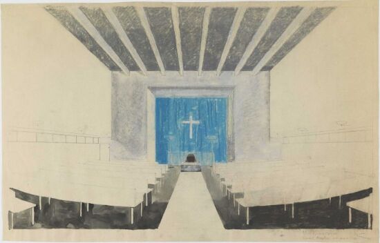 Interiøret i Moss krematorium sett mot koret