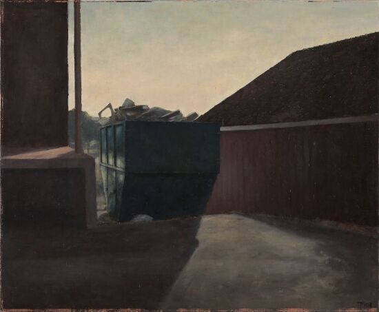 Blå container i motlys