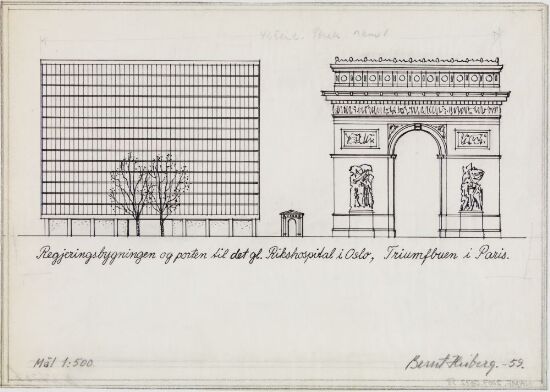 Regjeringsbygningen, porten til det gamle Rikshospital i Oslo, Triumfbuen i Paris