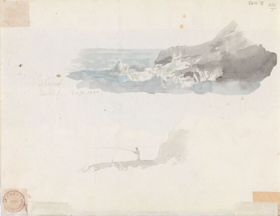 Klipper ved Napoli; mann som fisker med stang