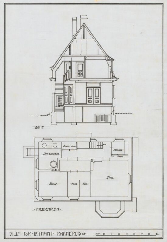 House Raknerud, plan of basement and section