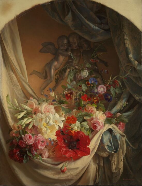 Blomsterstykke med svevende genier