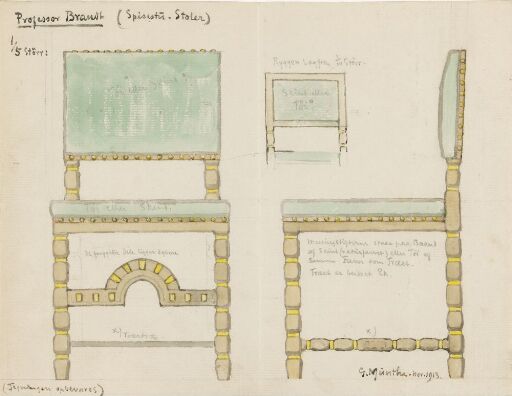 Tegninger til spisestuemøbler for professor Brandt