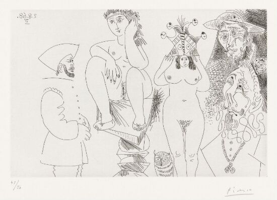 To kvinner, hvorav en på skammel, en ugle, Don Quijote, en herre fra Grev Orgaz' begravelse og en conquistador