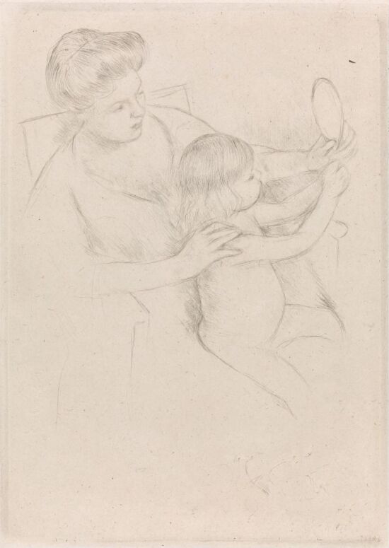 Mor og barn ser seg i håndspeilet