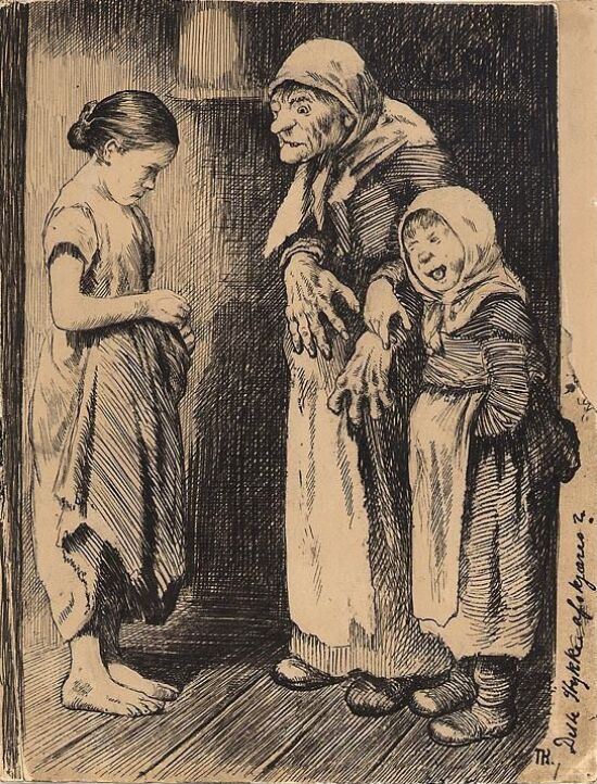 Illustrasjon til "Manddatteren og Kjærringdatteren" i P. Chr. Asbjörnsen og J. Moe, Eventyrbog for Børn. Norske Folkeeventyr, København 1883