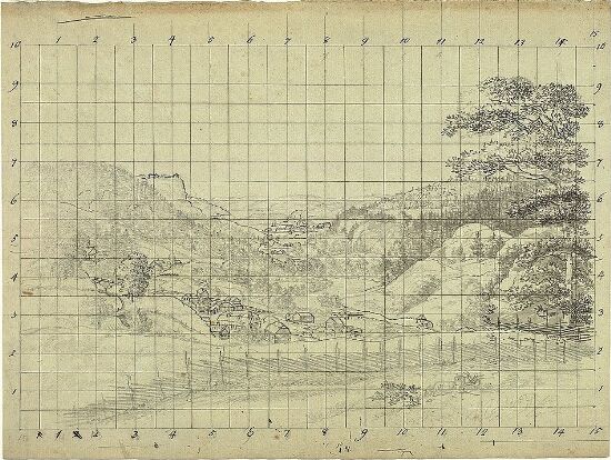 Utsikt jordene nedenfor Veden gård mot Fredriksten festning og Halden