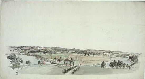 Landskap med gårder; riss av bygninger