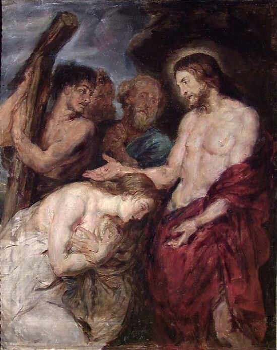 Kristus og den angrende synderinne. Kopi etter Rubens
