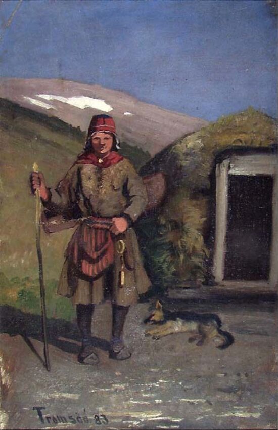A Lapp with his Dog outside a Turf Hut