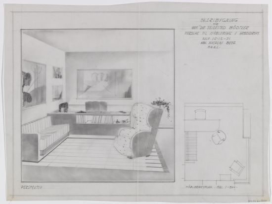 Maleribygning for herr dir. Sejersted Bødtker, forslag til møblering i arbeidsrom