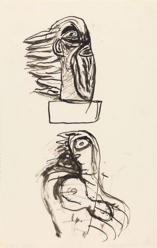 Skulptert hode; naken kvinne i halvfigur