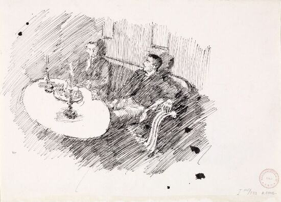 Interiør med to menn i samtale