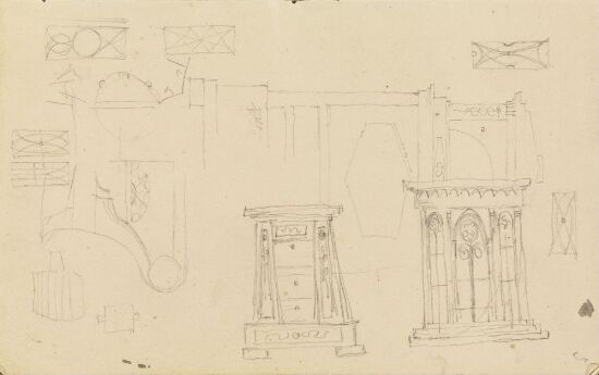 Studier av sekretær, skap og sofa