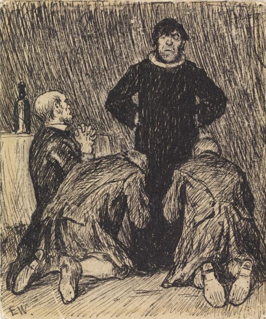 They went in and fell on their Knees before the Charcoal Burner, and begged him, for Heavens's sake, not to tell the King