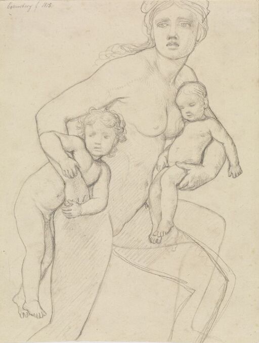 Naked woman carrying two children