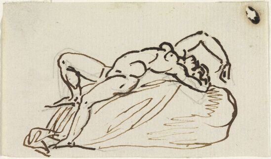 Naken kvinne liggende på steinblokk