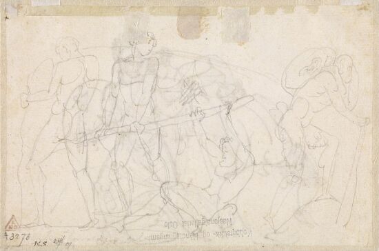 Figurer som arbeider i et stenbrudd; silén med vin