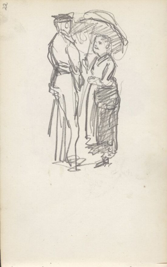 Kvinne med parasoll i samtale med uniformert mann