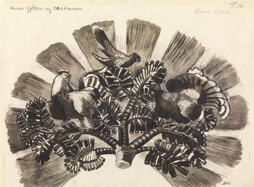 Illustrasjon til "Hanen, gauken og århanen", P. Chr. Asbjörnsen og J. Moe, Samlede eventyr, 1936