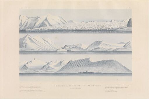 Vue générale des montagnes et du glacier situé au fond de la rade de Bell-Sound (côte occidentale du Spitzberg)