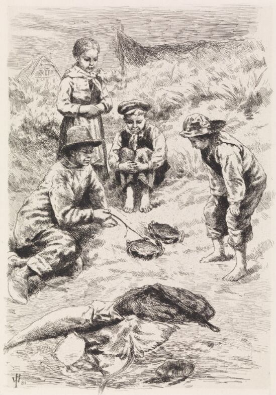 Barn leker med krabber