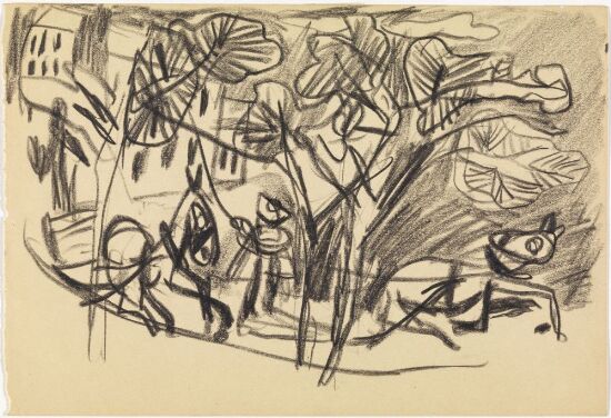 Hester, kjerre og figur i parklandskap