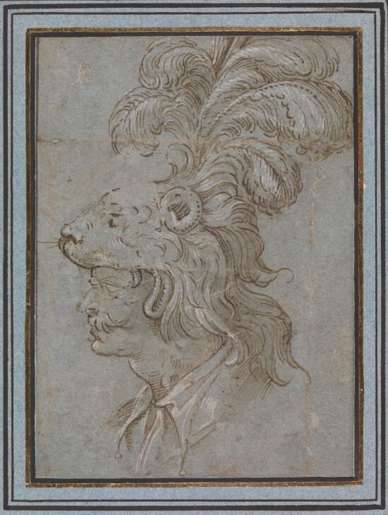 Mannshode med fjærprydet løvehjelm