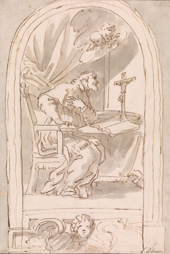 Prest i kontemplasjon foran et krusifiks