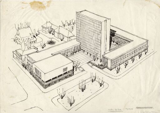 Forarbeid til "gård i gård",konkurranseutkast til rådhus i Bergen