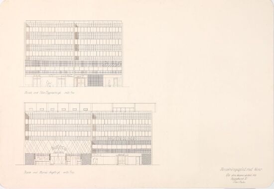 Utkast til forretningsgård med kino, fasadeoppriss