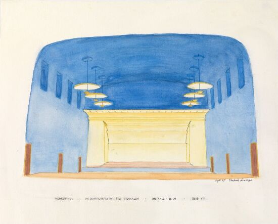 Utkast til et konserthus, interiørperspektiv fra storsalen