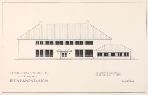 Utkast til jernbanestasjon, oppriss av fasade mot linja