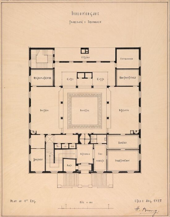 Utkast til en bankbygning i en middelstor by, plan av første etasje