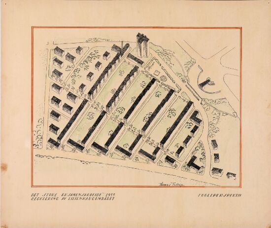 Utkast til regulering av Lilienhaug-området, fugleperspektiv av situasjonsplanen
