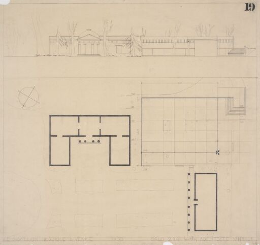 Den nordiske paviljongen i Venezia. Fasadeoppriss og situasjonsplan.