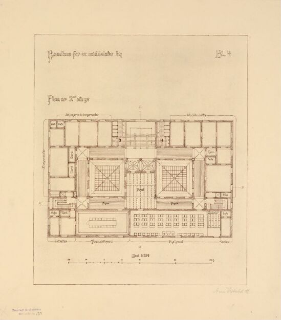 Utkast til rådhus for en middels stor kystby, plan av 2. etasje
