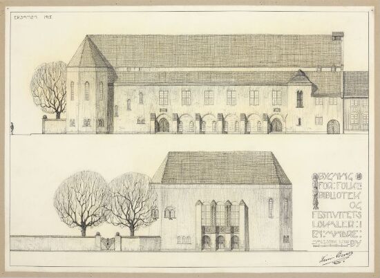 Bygning for folkebibliotek og festivitetslokaler i en mindre by, fasadeoppriss